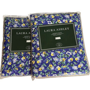 Set of 2 Laura Ashley Gingham Blue Floral Blouson Valance 86x15 Cottage Core NEW
